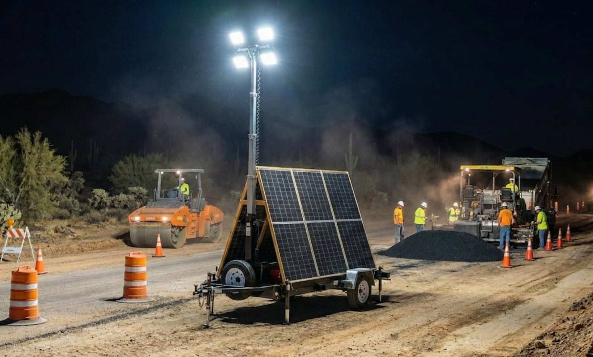 Light tower powered by mobile solar power system